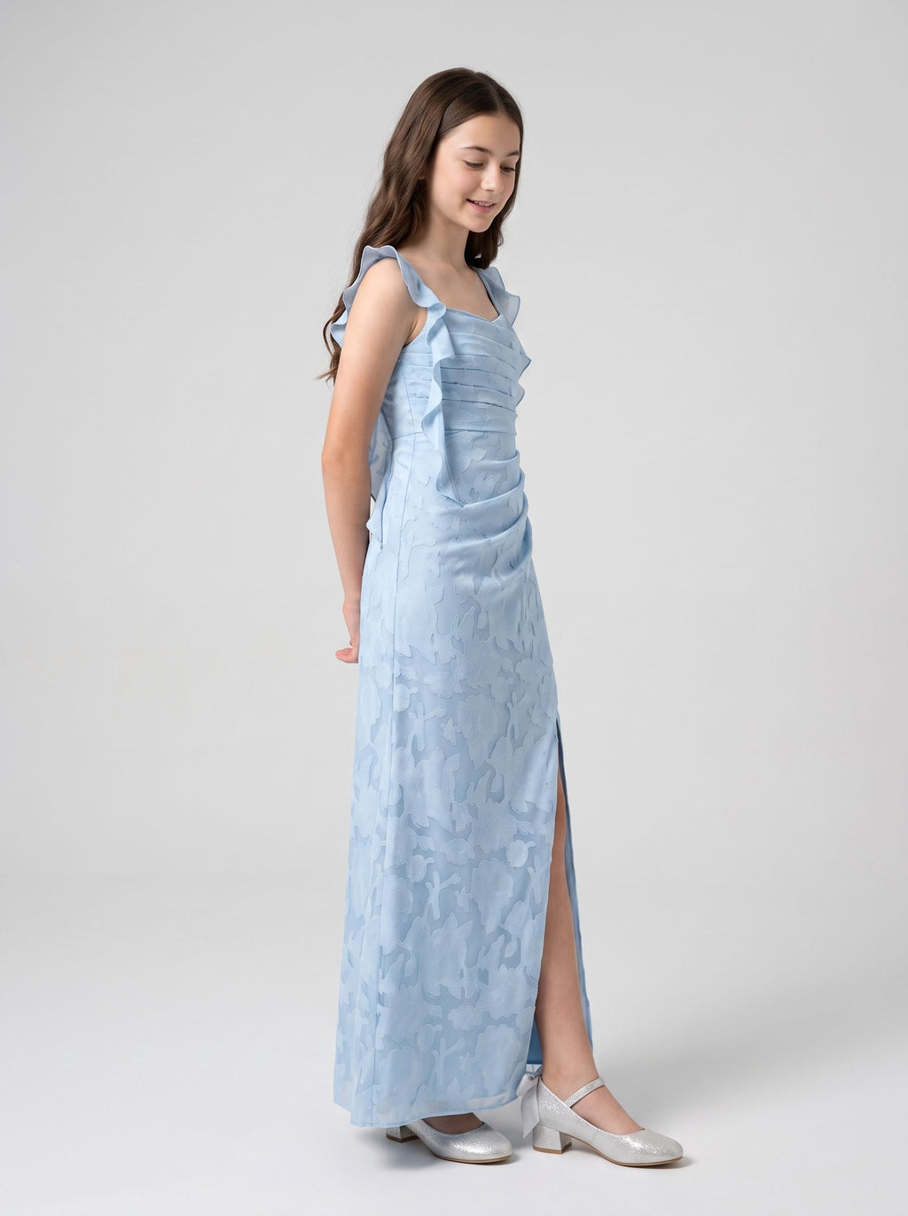 Sky Blue Chiffon Mermaid Square Neck Back Zip Floor-Length Dress with Floral Burnout