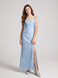 Sky Blue Chiffon Mermaid Square Neck Back Zip Floor-Length Dress with Floral Burnout