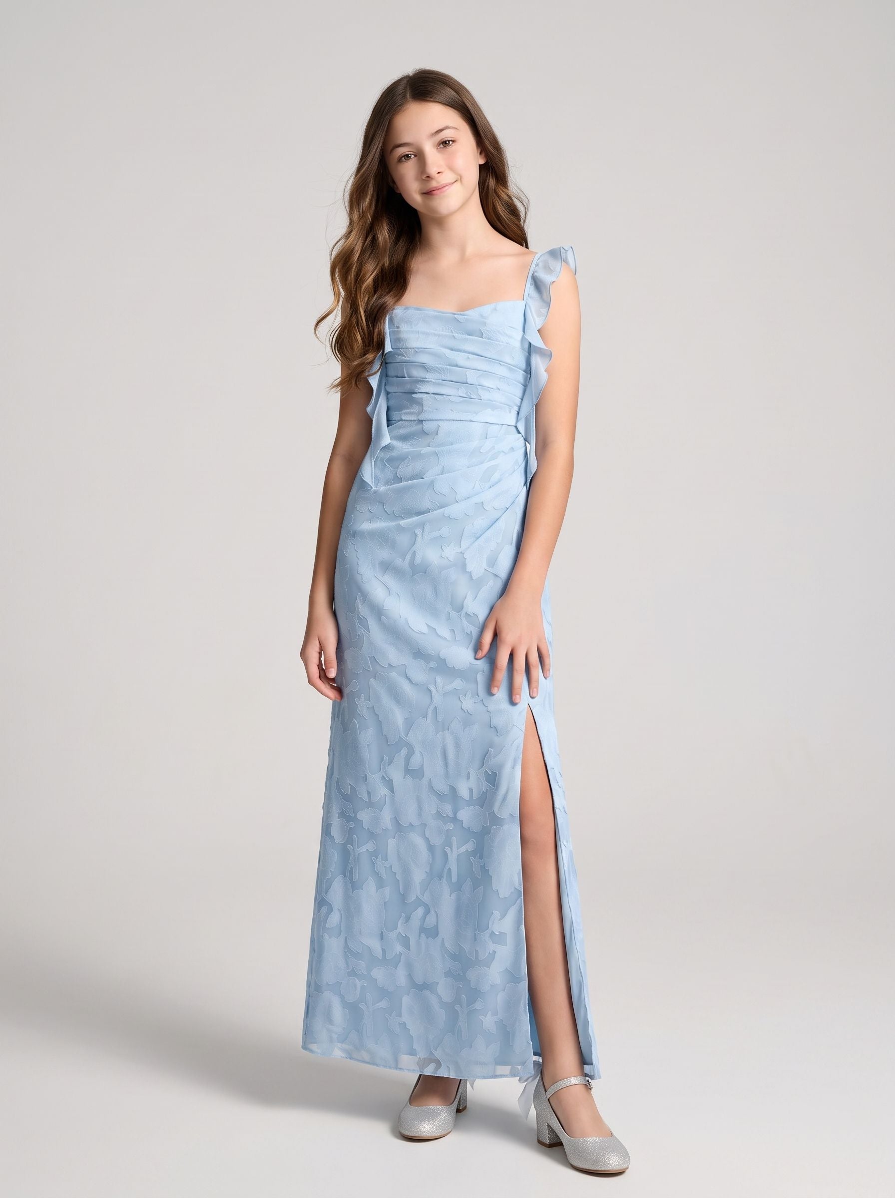 Sky Blue Chiffon Mermaid Square Neck Back Zip Floor-Length Dress with Floral Burnout