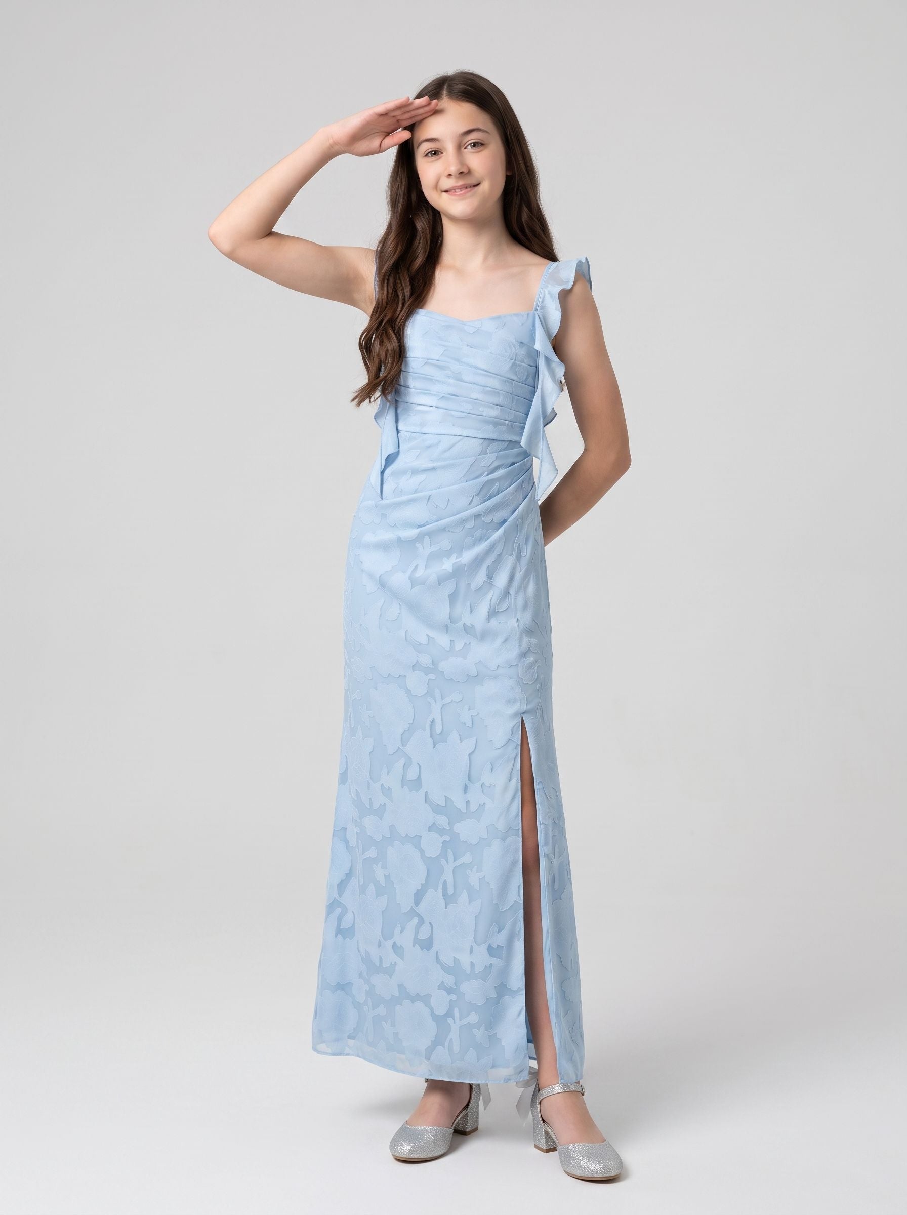 Sky Blue Chiffon Mermaid Square Neck Back Zip Floor-Length Dress with Floral Burnout