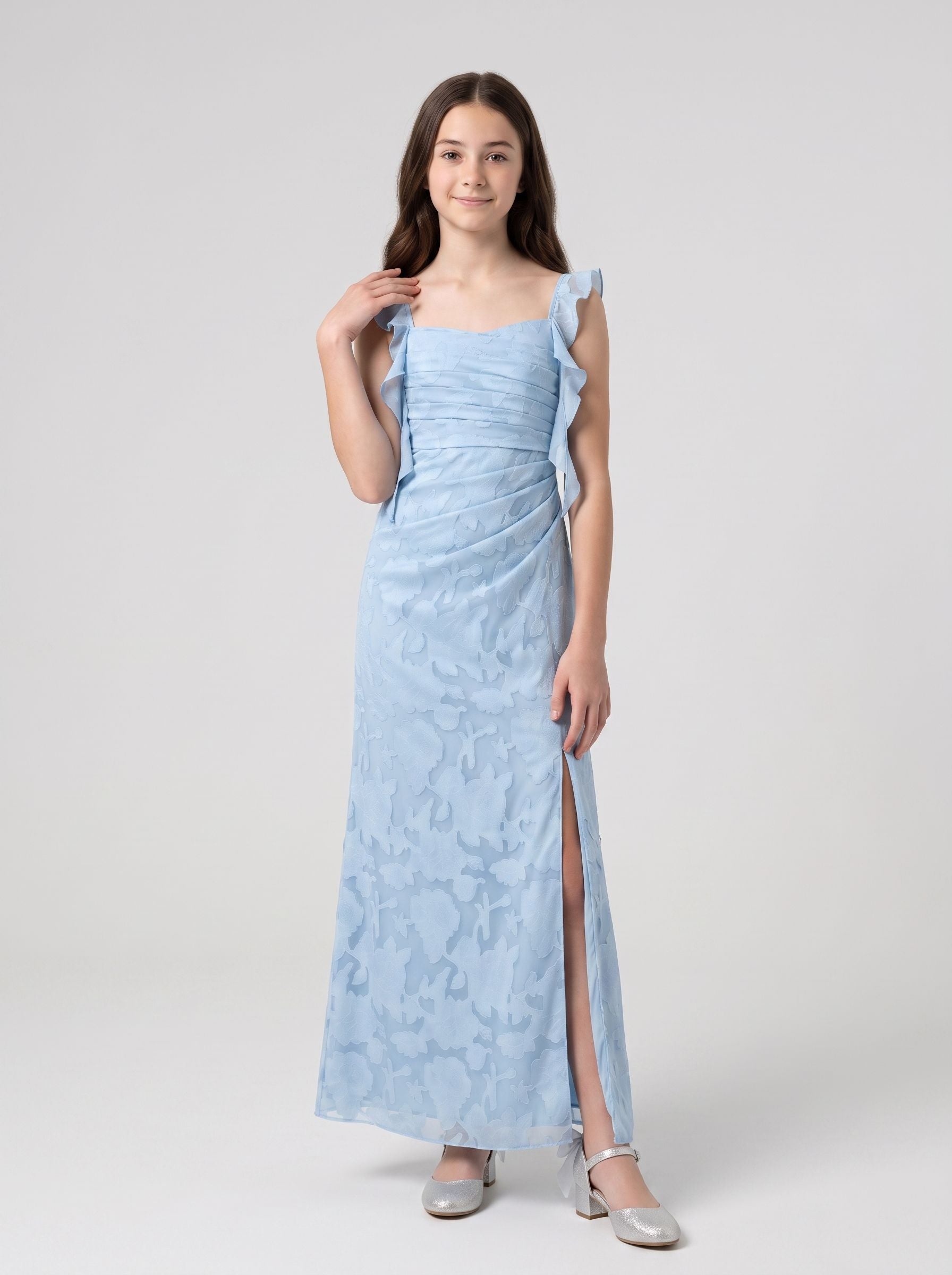 Sky Blue Chiffon Mermaid Square Neck Back Zip Floor-Length Dress with Floral Burnout
