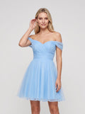 Sky Blue Chiffon A-Line Off-the-Shoulder Back Zip Short Dress with Pleated Bodice