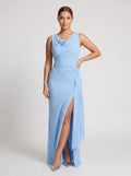 Sky Blue Chiffon Column Cowl Neck Backless Floor-Length Dress with Draped Back