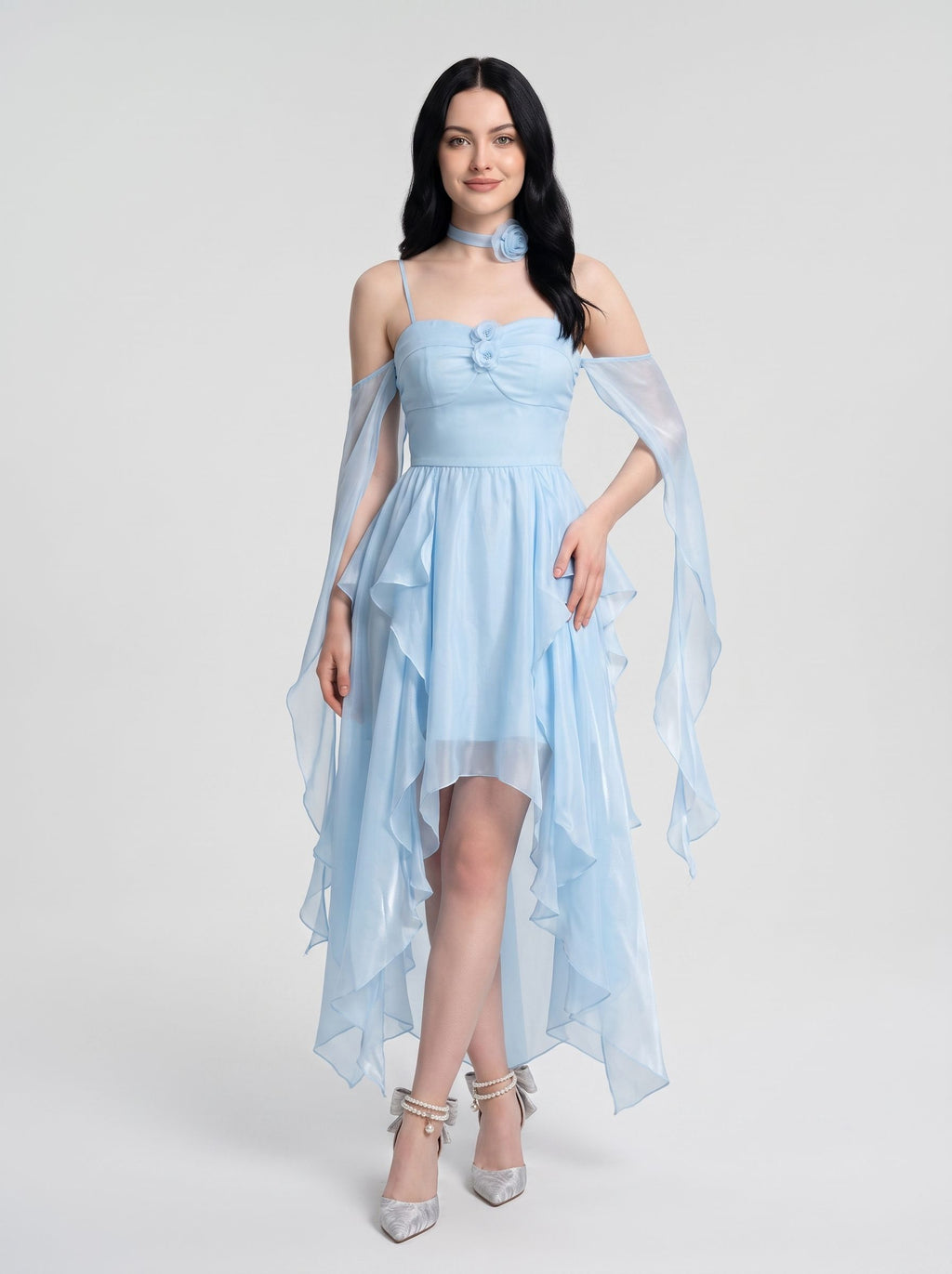 Sky Blue Chiffon A-Line Sweetheart Back Zip Short Dress with Layered Skirt and 3D Flower