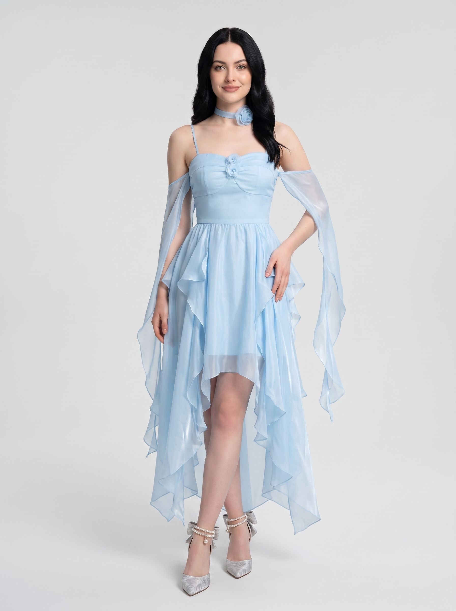 Sky Blue Chiffon A-Line Sweetheart Back Zip Short Dress with Layered Skirt and 3D Flower