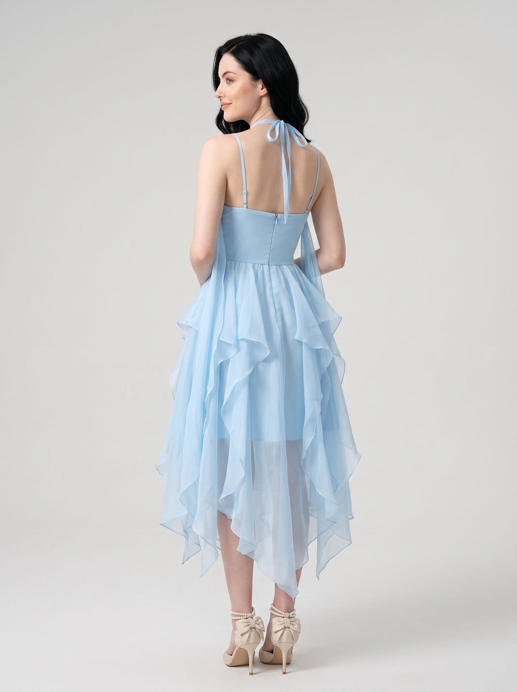 Sky Blue Chiffon A-Line Sweetheart Back Zip Short Dress with Layered Skirt and 3D Flower