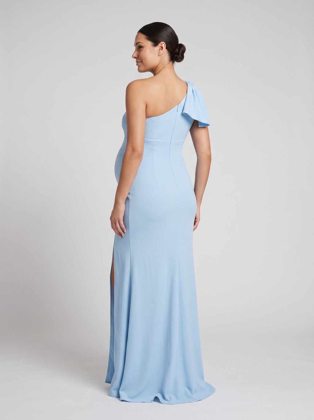 Sky Blue Stretch Knit Trumpet One Shoulder Side Zip Floor-Length Dress with Ruffle Sleeve