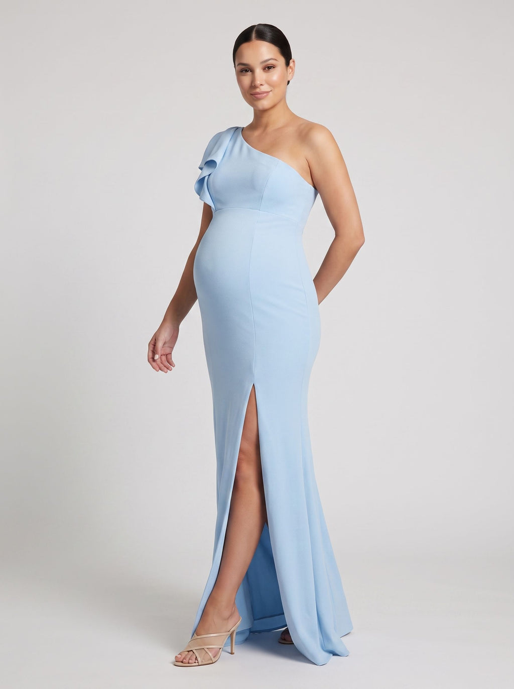 Sky Blue Stretch Knit Trumpet One Shoulder Side Zip Floor-Length Dress with Ruffle Sleeve