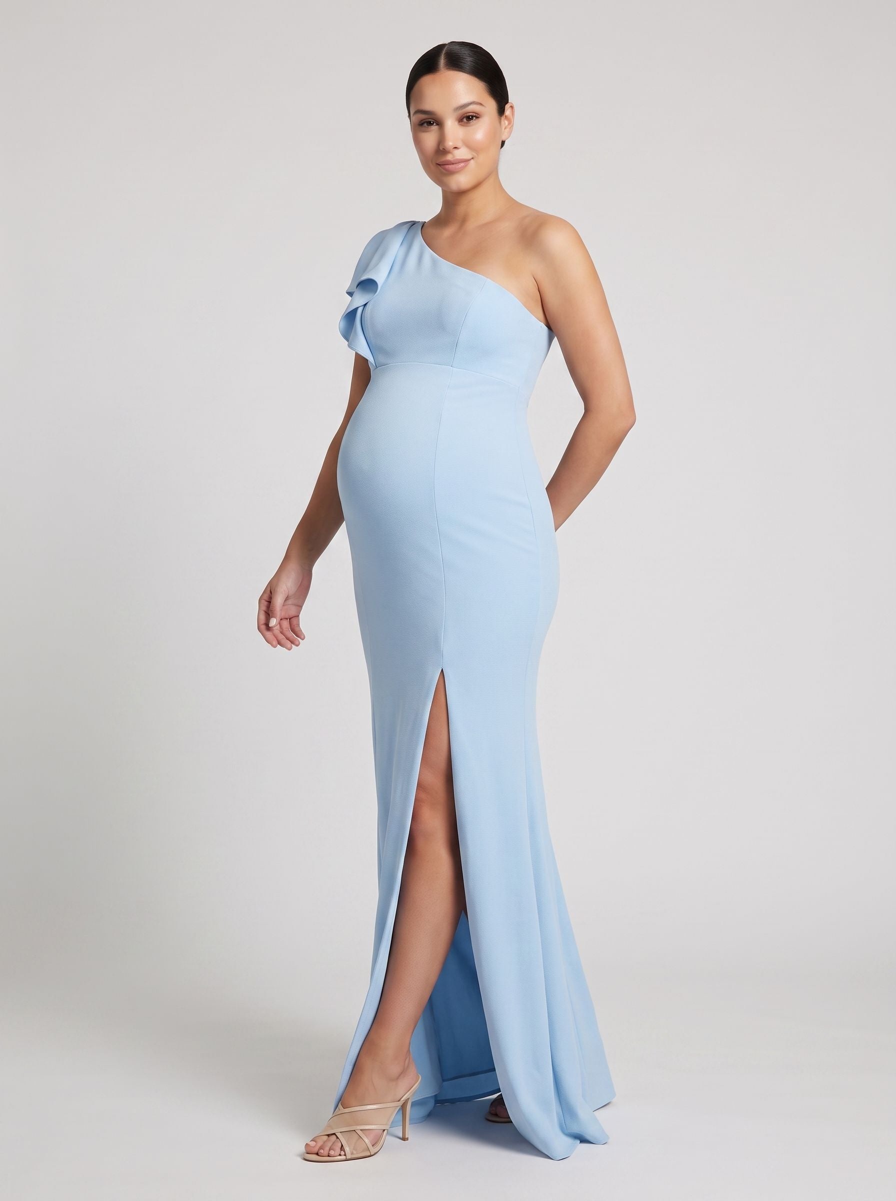 Sky Blue Stretch Knit Trumpet One Shoulder Side Zip Floor-Length Dress with Ruffle Sleeve