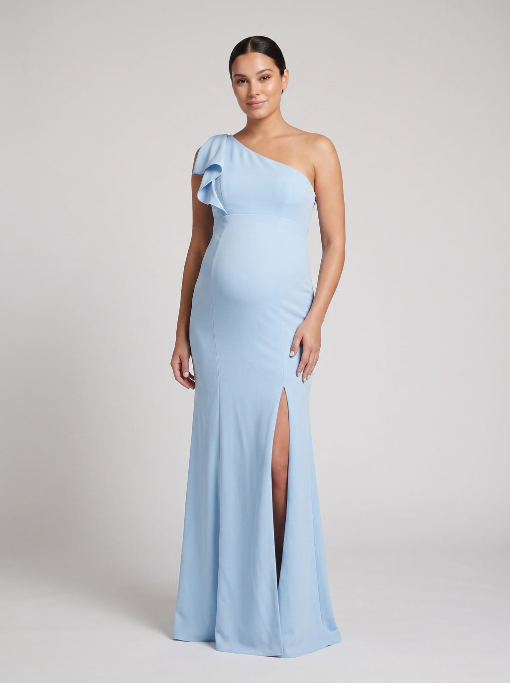 Sky Blue Stretch Knit Trumpet One Shoulder Side Zip Floor-Length Dress with Ruffle Sleeve