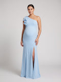 Sky Blue Stretch Knit Trumpet One Shoulder Side Zip Floor-Length Dress with Ruffle Sleeve
