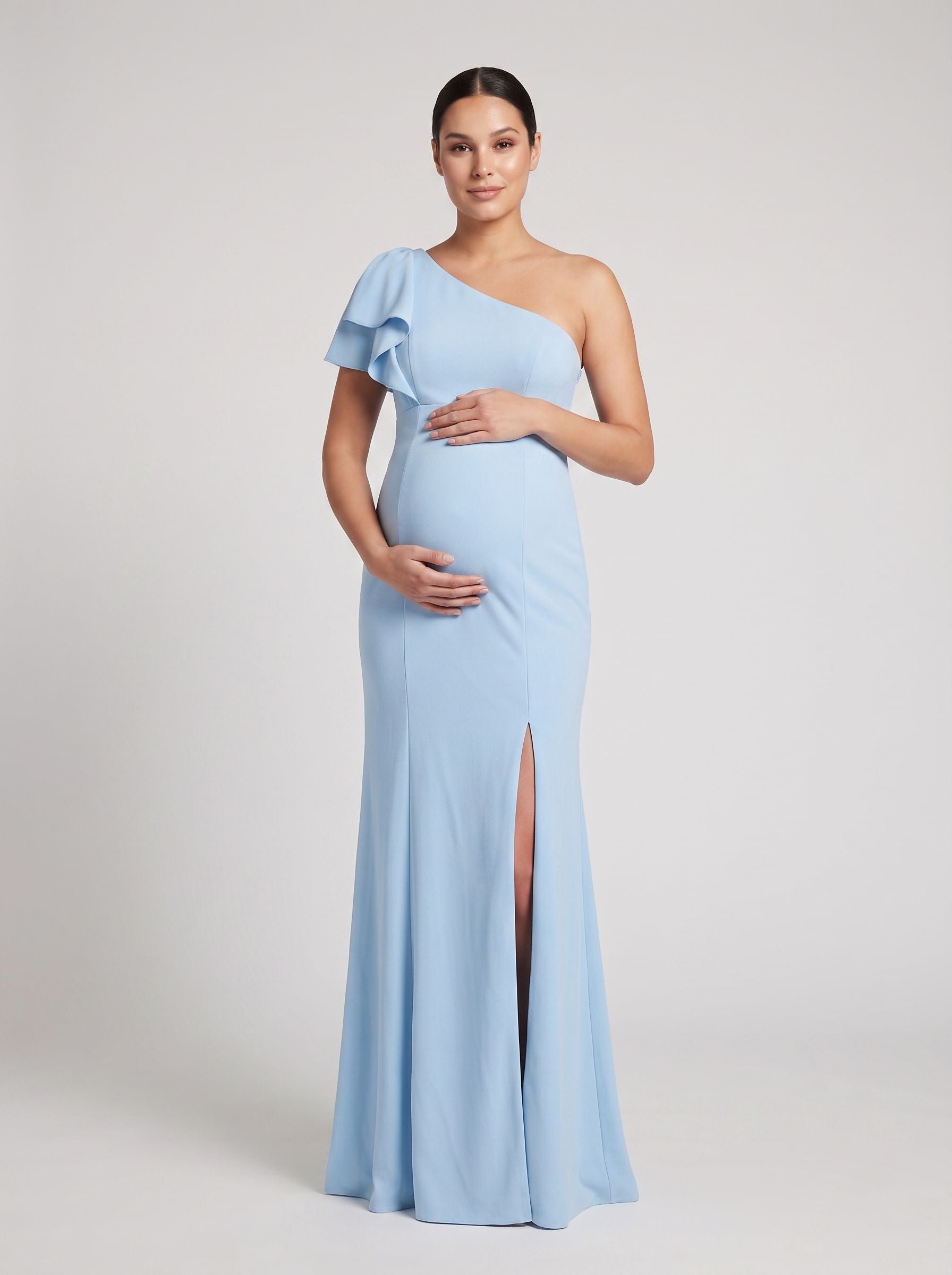 Sky Blue Stretch Knit Trumpet One Shoulder Side Zip Floor-Length Dress with Ruffle Sleeve