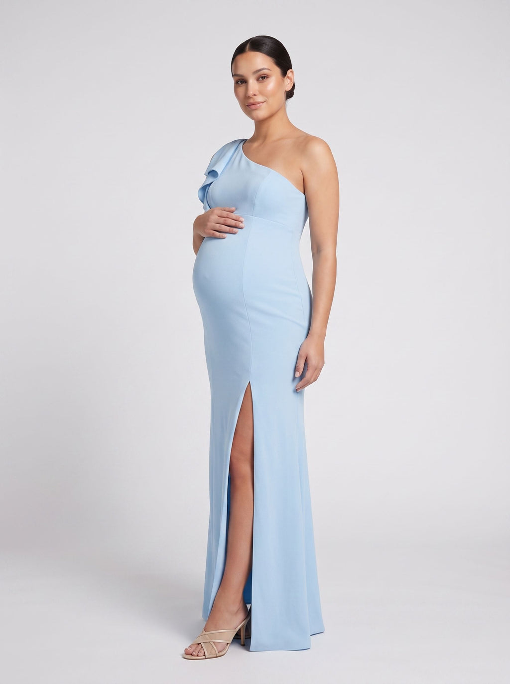 Sky Blue Stretch Knit Trumpet One Shoulder Side Zip Floor-Length Dress with Ruffle Sleeve