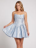 Blue Jacquard A-Line Cowl Neck Back Zip Short Dress with Spaghetti Straps