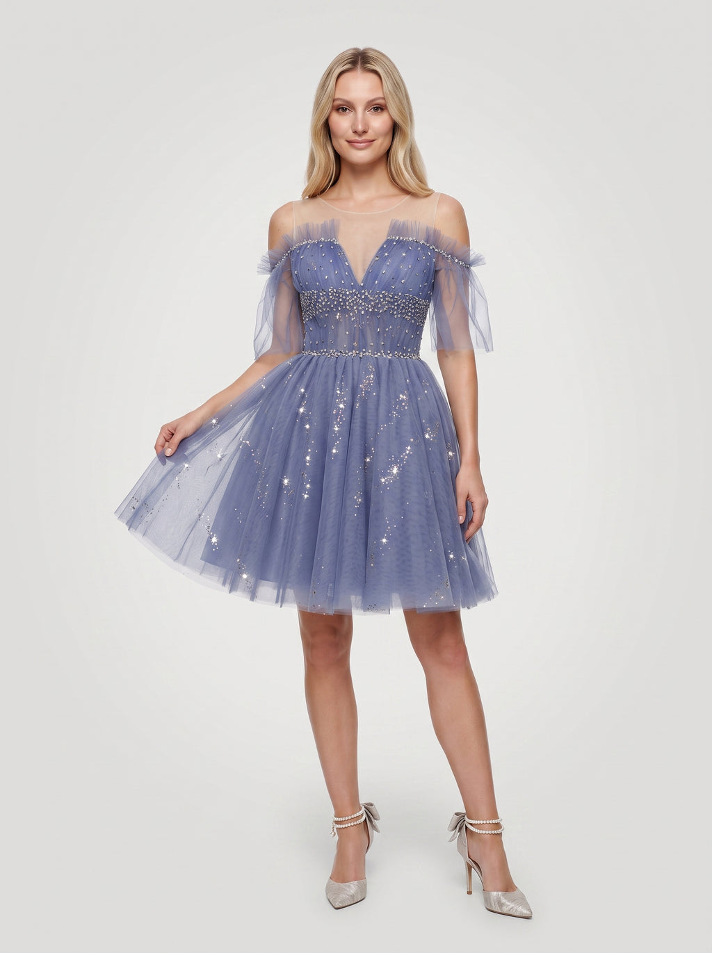 Purple Tulle A-Line V-Neck Criss-Cross Straps Short Dress with Beading