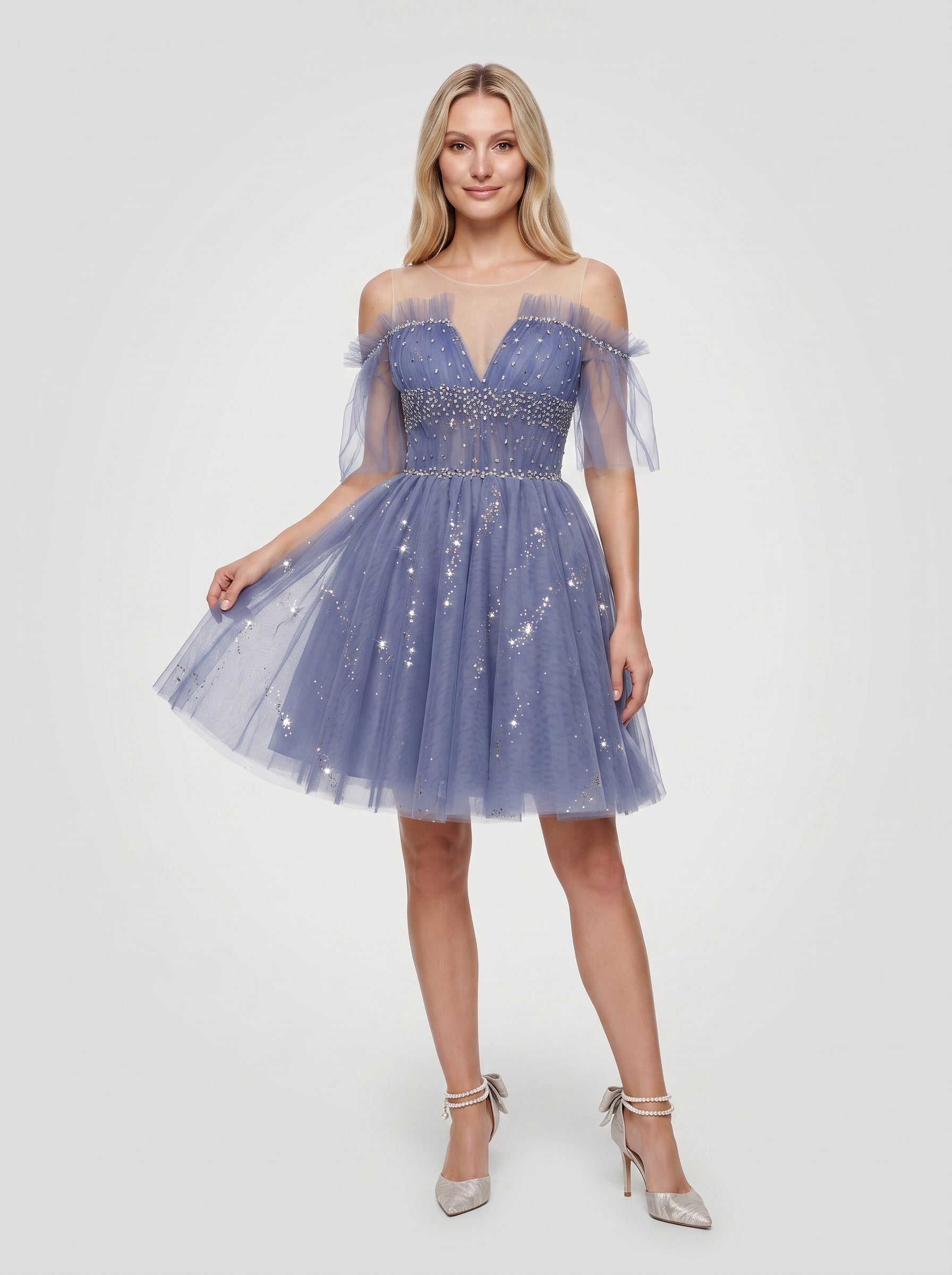 Purple Tulle A-Line V-Neck Criss-Cross Straps Short Dress with Beading