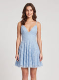 Sky Blue Lace A-Line V-Neck Lace-up Short Dress with Empire Waist