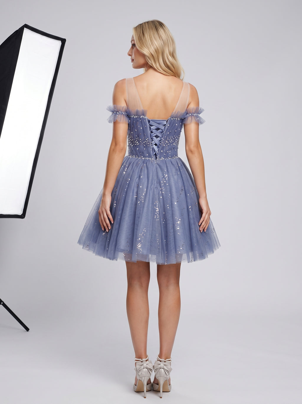 Purple Tulle A-Line V-Neck Criss-Cross Straps Short Dress with Beading