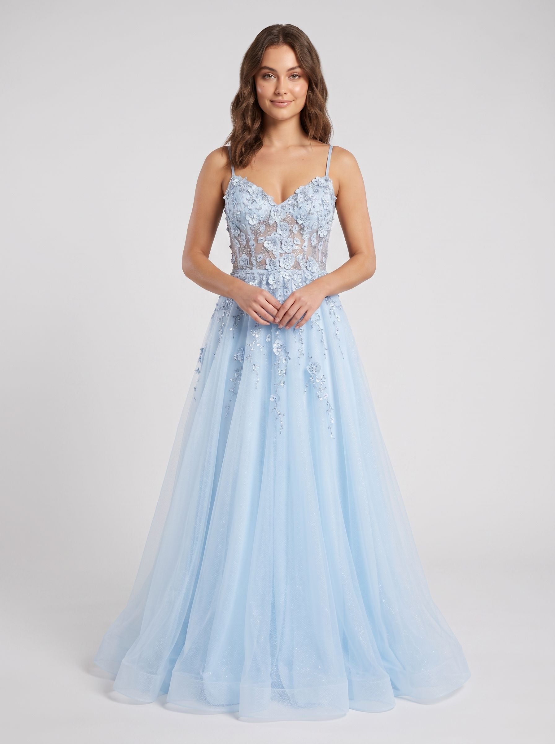Sky Blue Lace A-Line V-Neck Back Zip Floor-Length Dress with Appliques