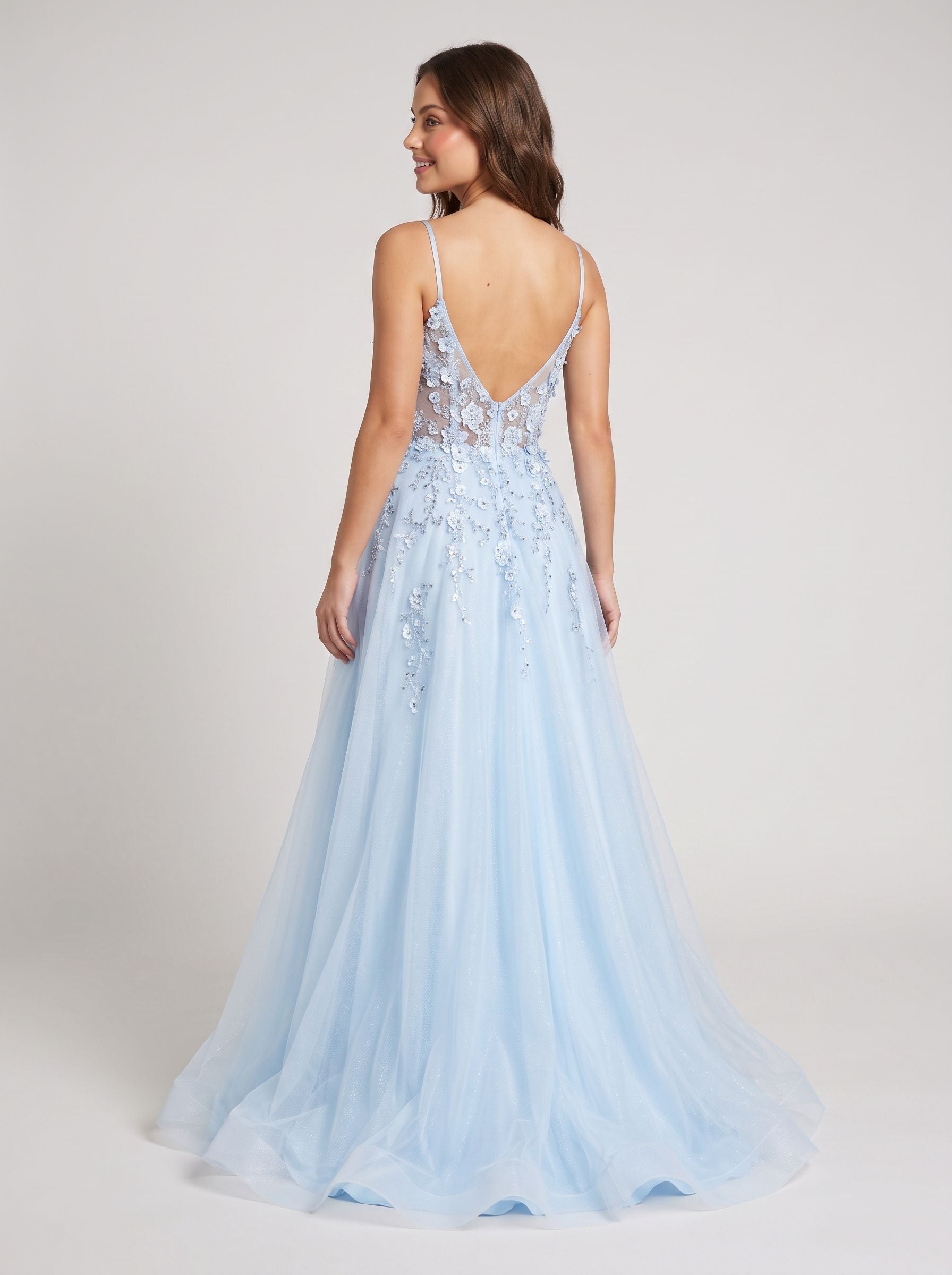 Sky Blue Lace A-Line V-Neck Back Zip Floor-Length Dress with Appliques
