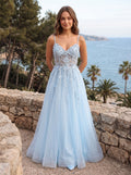 Sky Blue Lace A-Line V-Neck Back Zip Floor-Length Dress with Appliques