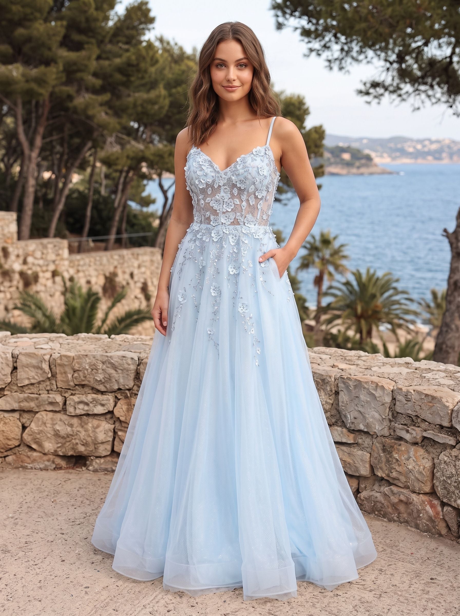 Sky Blue Lace A-Line V-Neck Back Zip Floor-Length Dress with Appliques