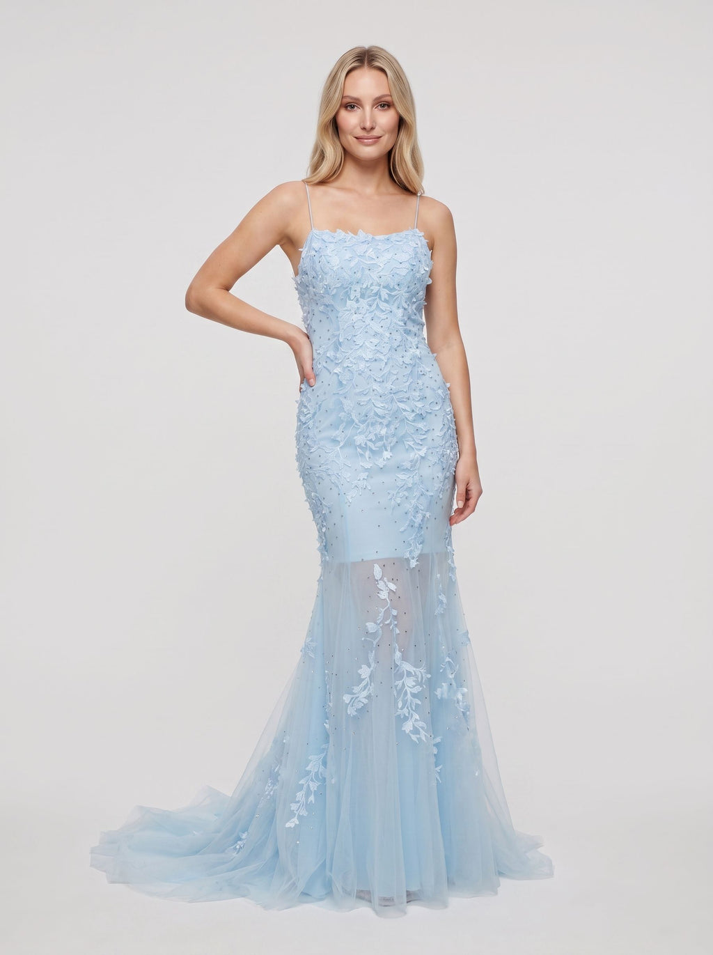 Sky Blue Tulle Mermaid Straight Neck Lace-up Floor-Length Dress with Beading