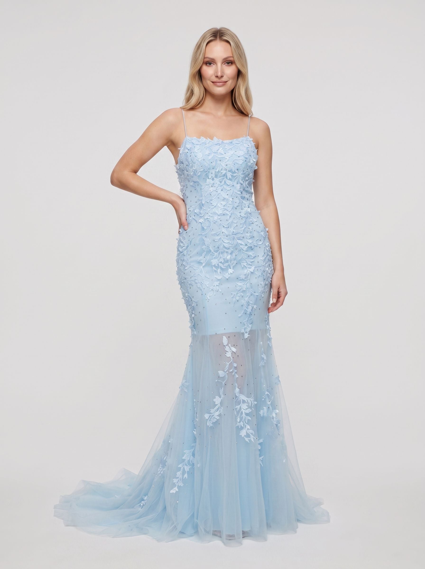 Sky Blue Tulle Mermaid Straight Neck Lace-up Floor-Length Dress with Beading