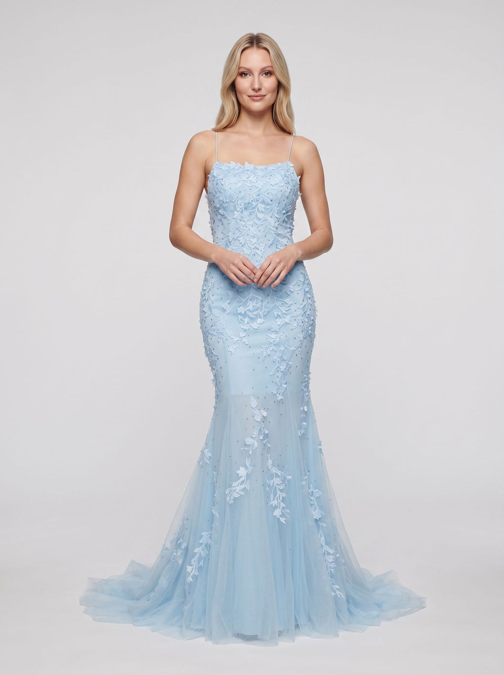 Sky Blue Tulle Mermaid Straight Neck Lace-up Floor-Length Dress with Beading
