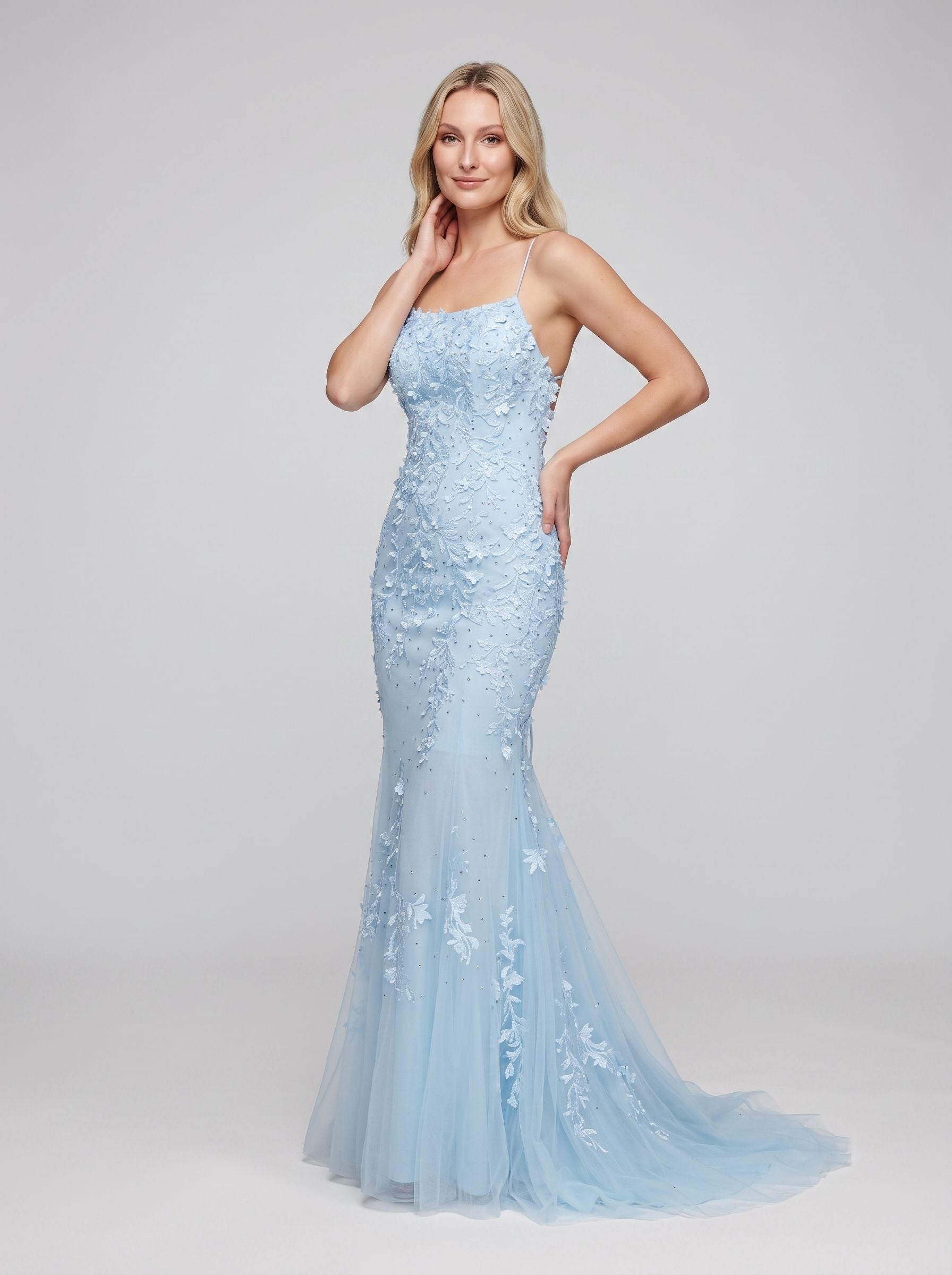Sky Blue Tulle Mermaid Straight Neck Lace-up Floor-Length Dress with Beading