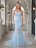 Sky Blue Tulle Mermaid Straight Neck Lace-up Floor-Length Dress with Beading