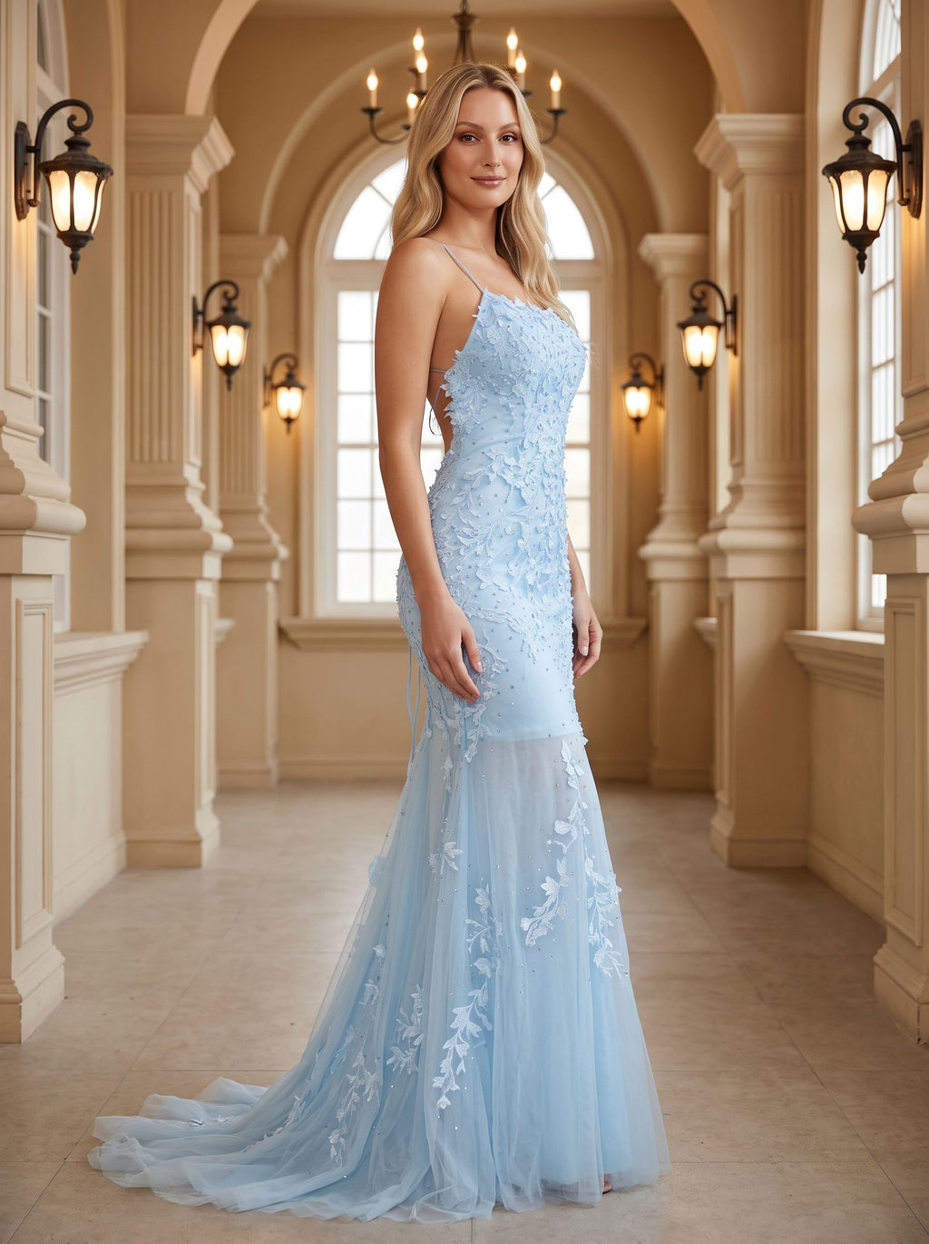 Sky Blue Tulle Mermaid Straight Neck Lace-up Floor-Length Dress with Beading