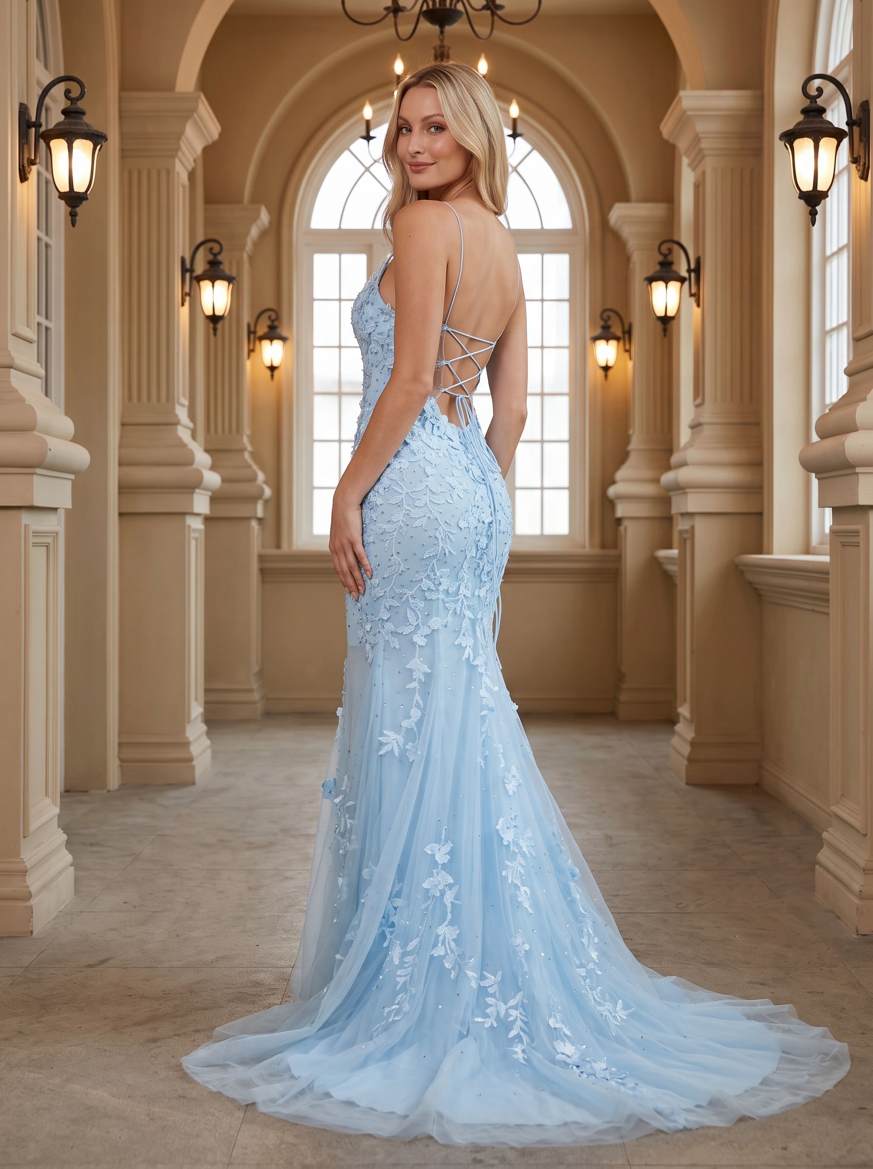 Sky Blue Tulle Mermaid Straight Neck Lace-up Floor-Length Dress with Beading