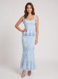 Sky Blue Lace Mermaid Square Neck Back Zip Midi Dress with 3D Flowers