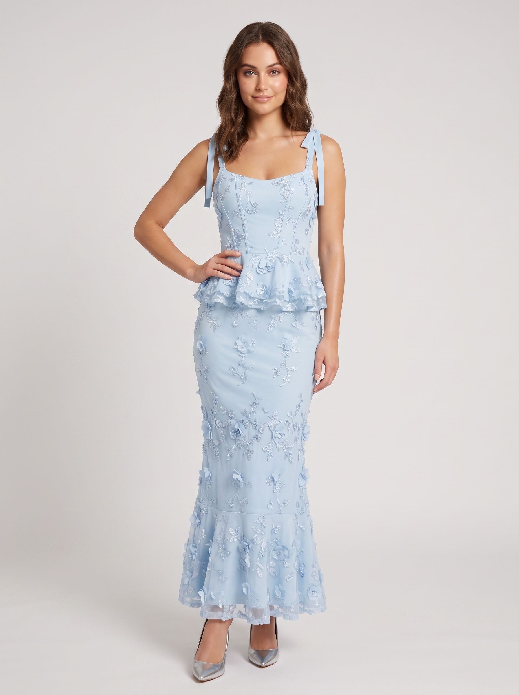 Sky Blue Lace Mermaid Square Neck Back Zip Midi Dress with 3D Flowers