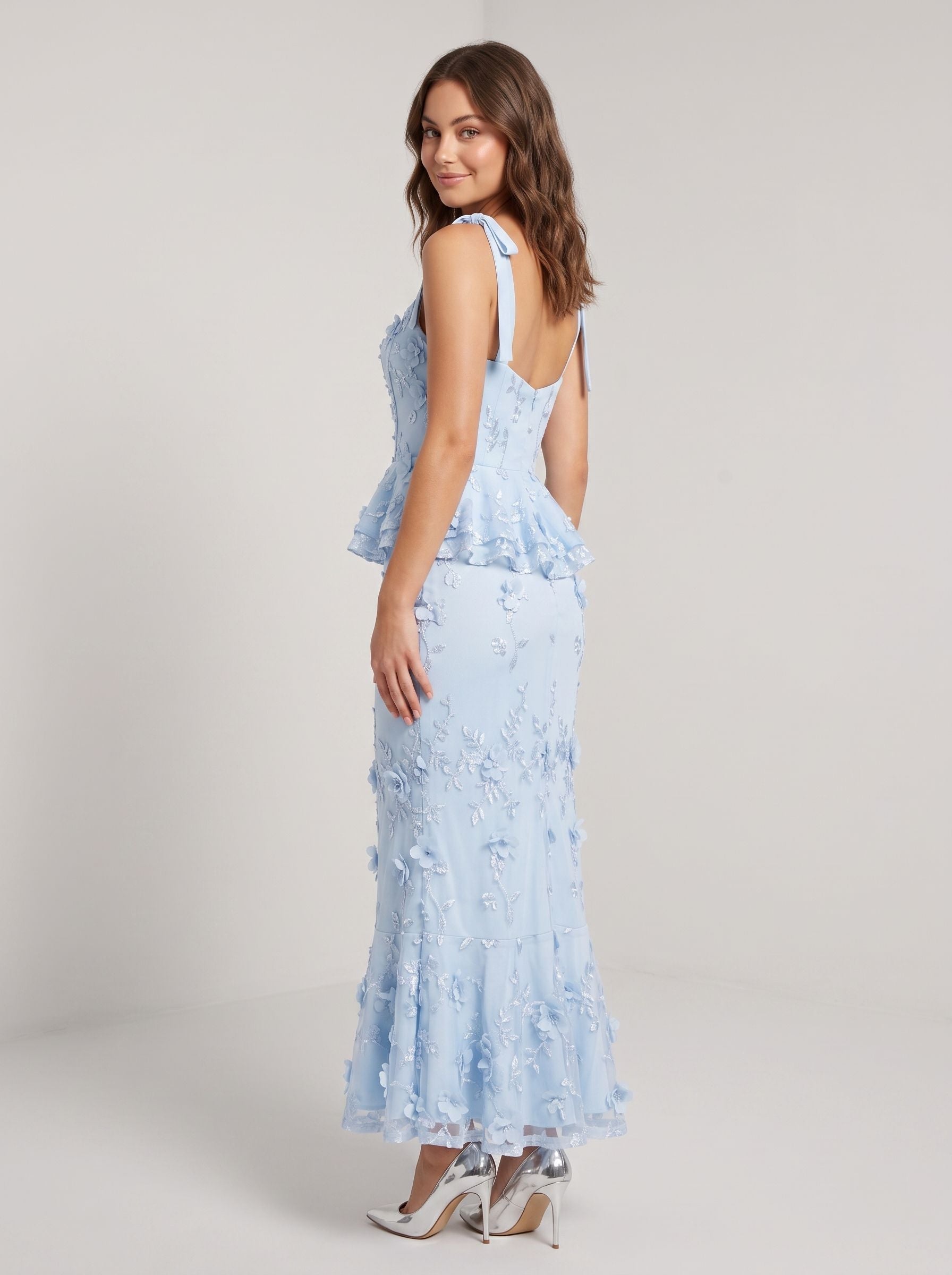 Sky Blue Lace Mermaid Square Neck Back Zip Midi Dress with 3D Flowers
