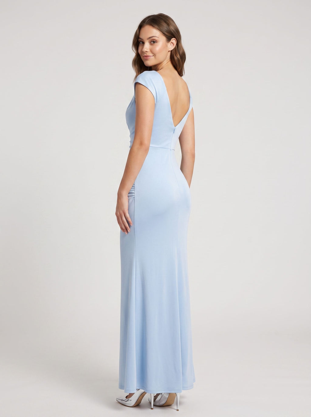 Sky Blue Matte Satin Column Cowl Neck Back Zip Floor-Length Dress with Cap Sleeves