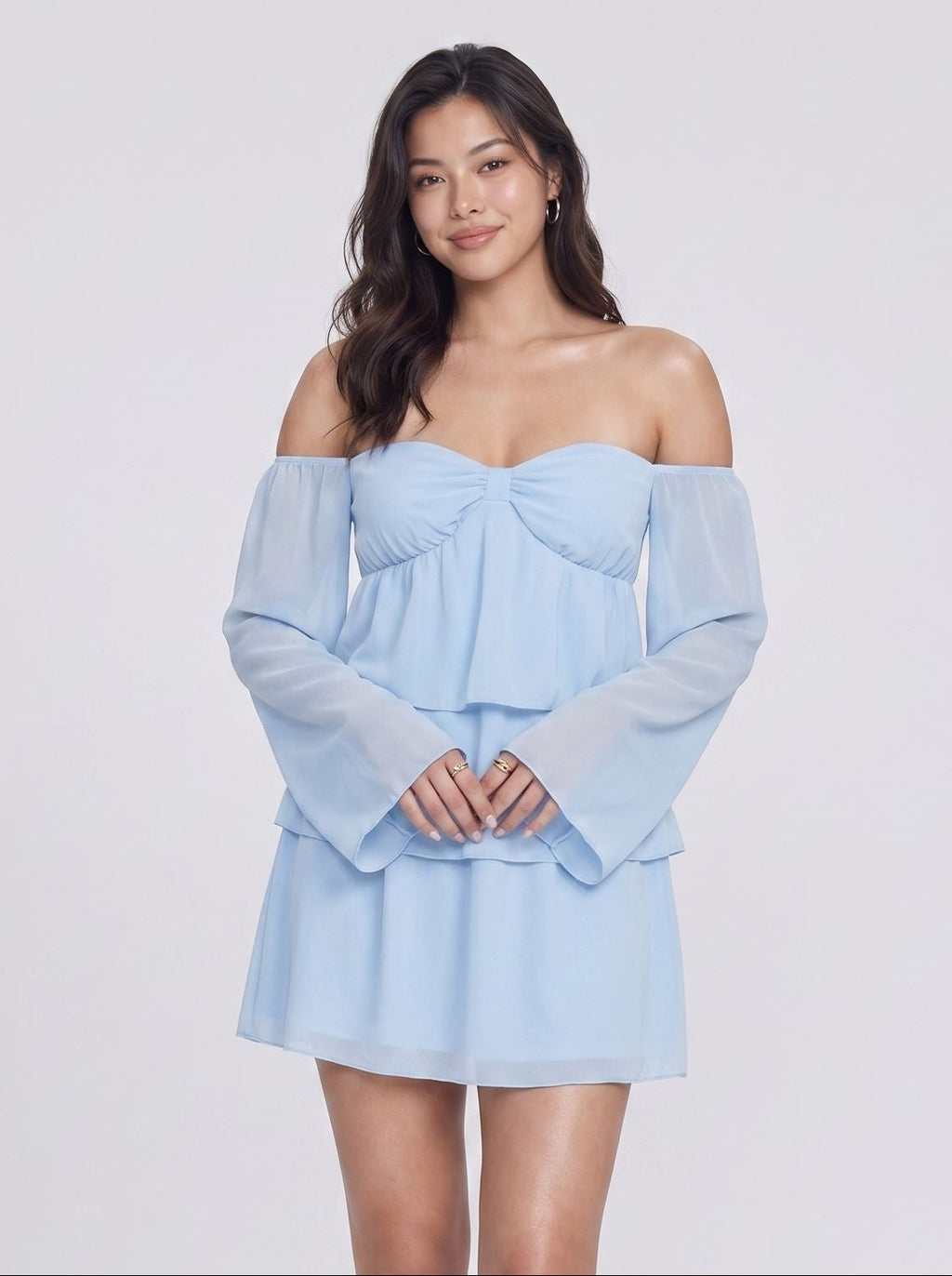 Sky Blue Mesh A-Line Off-the-Shoulder Backless Short Dress with Ruffles