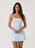 Sky Blue Satin A-Line Straight Neck Back Zip Short Dress with Pleats