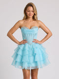 Blue Satin A-Line Sweetheart Back Zip Short Dress with Beading and Ruffles