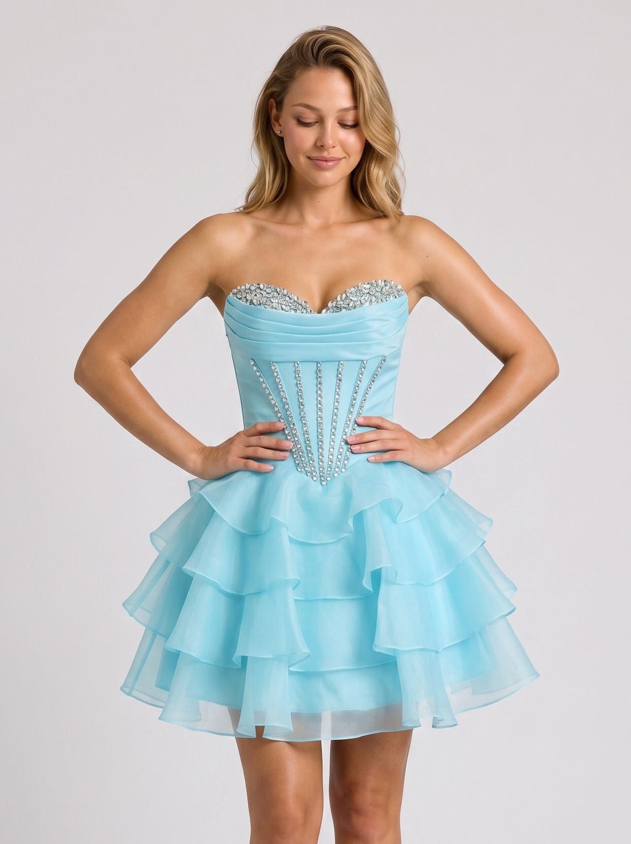 Blue Satin A-Line Sweetheart Back Zip Short Dress with Beading and Ruffles
