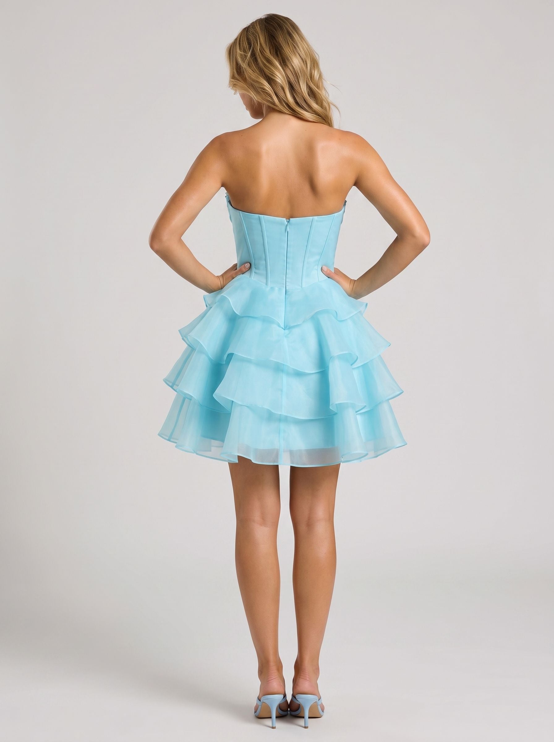Blue Satin A-Line Sweetheart Back Zip Short Dress with Beading and Ruffles