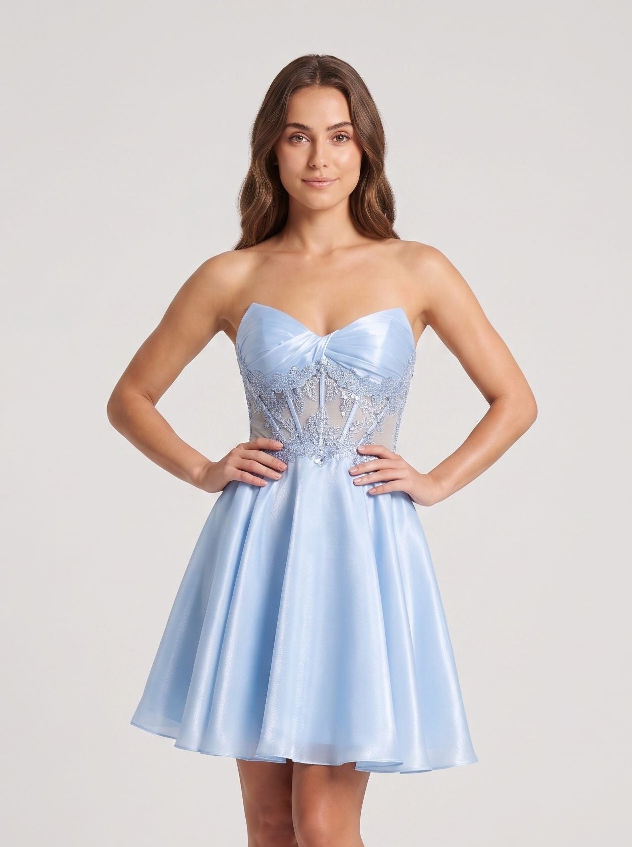 Sky Blue Satin A-Line Sweetheart  Back Zip Short Dress with Appliques