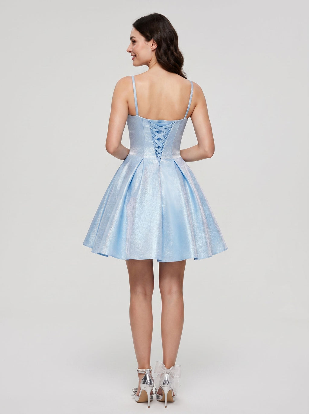 Sky Blue Satin A-Line Sweetheart Criss-Cross Straps Short Dress with Pleated Bodice