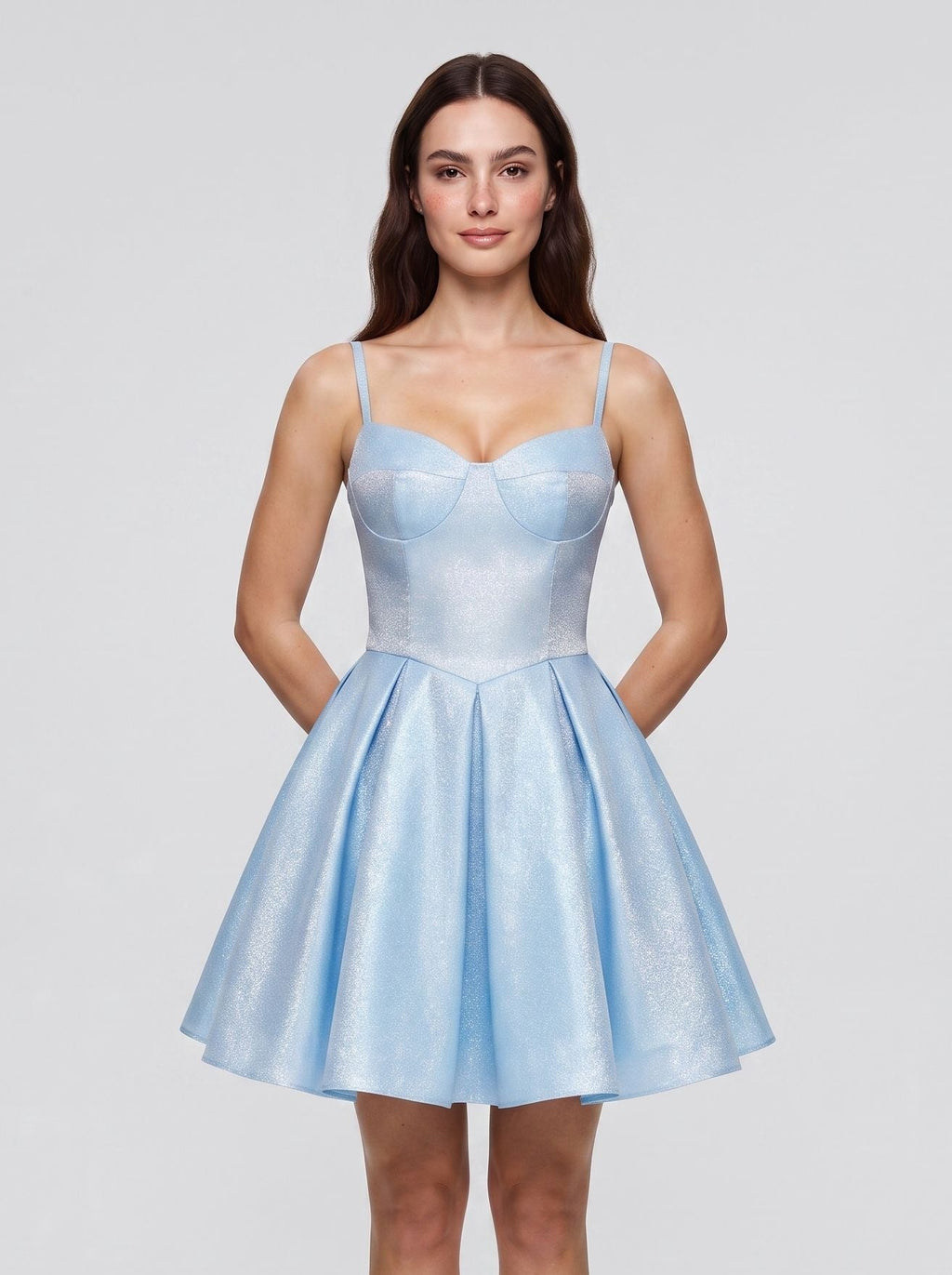 Sky Blue Satin A-Line Sweetheart Criss-Cross Straps Short Dress with Pleated Bodice
