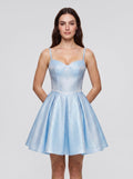 Sky Blue Satin A-Line Sweetheart Criss-Cross Straps Short Dress with Pleated Bodice