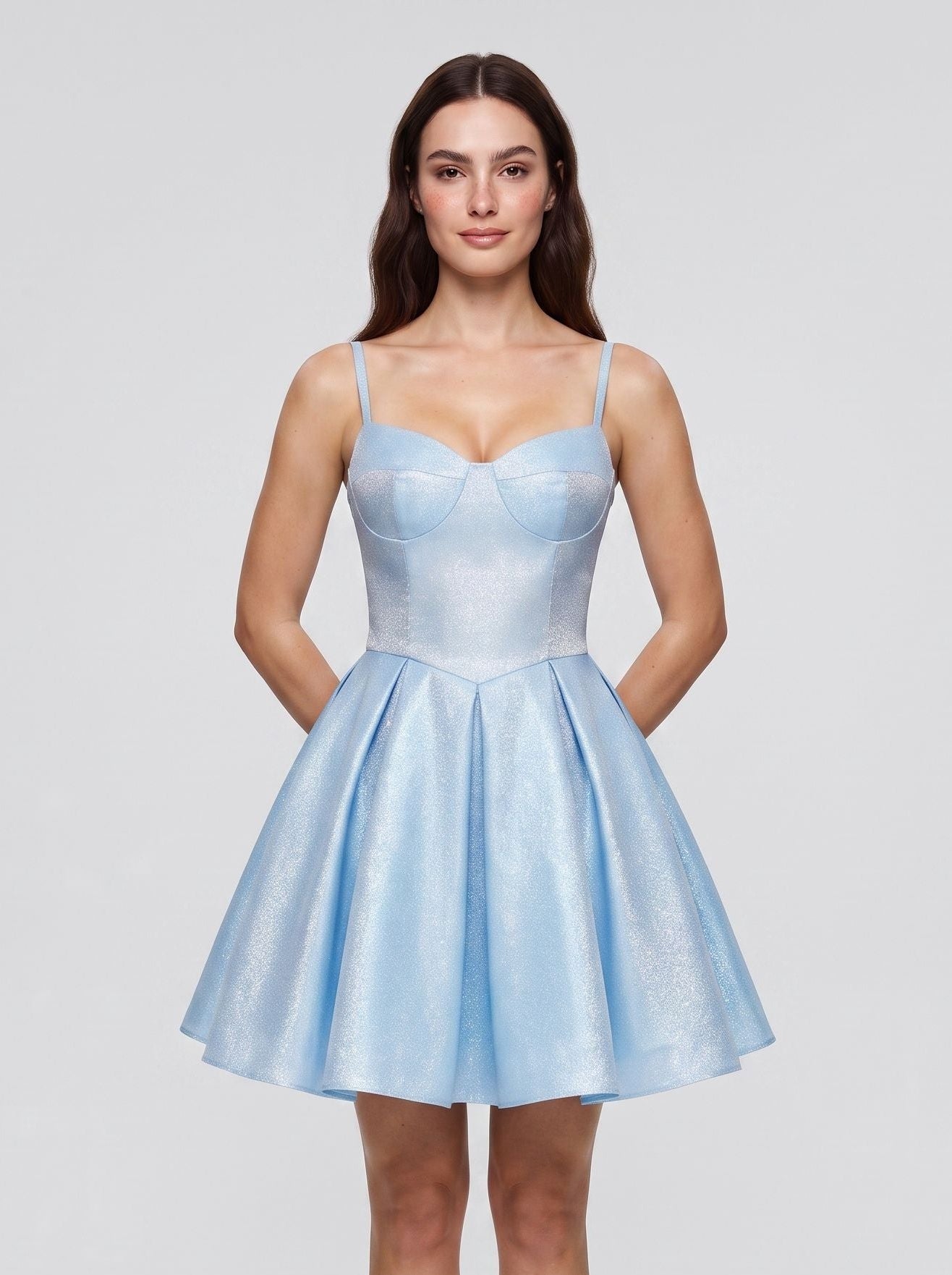Sky Blue Satin A-Line Sweetheart Criss-Cross Straps Short Dress with Pleated Bodice