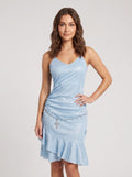 Sky Blue Satin A-Line V-Neck Back Zip Short Dress with Cascading Ruffles