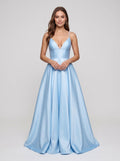 Sky Blue Satin A-Line V-Neck Backless Floor-Length Dress