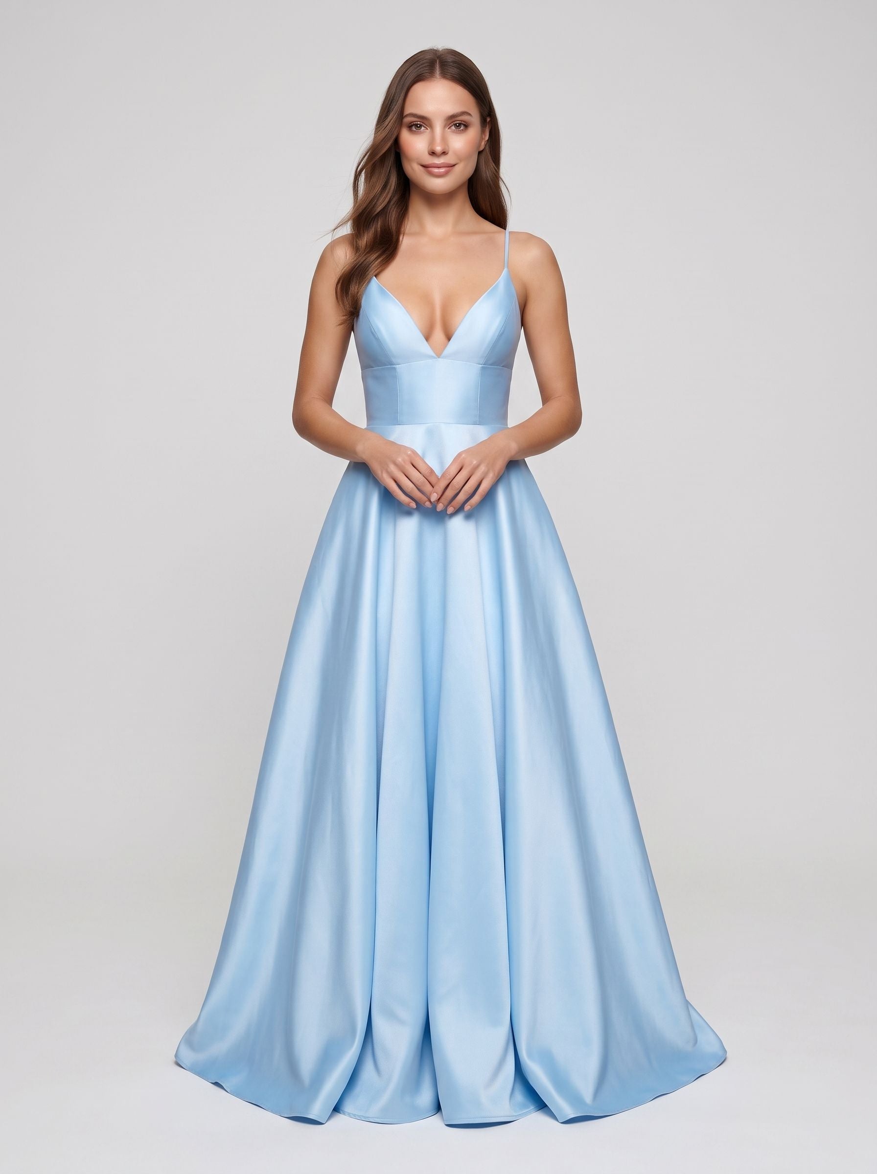 Sky Blue Satin A-Line V-Neck Backless Floor-Length Dress